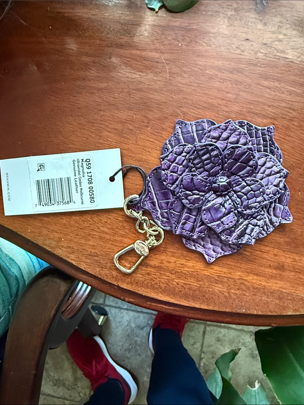 Brahmin Violet Croc-Embossed Floral Leather Key Charm - Picture 2 of 5